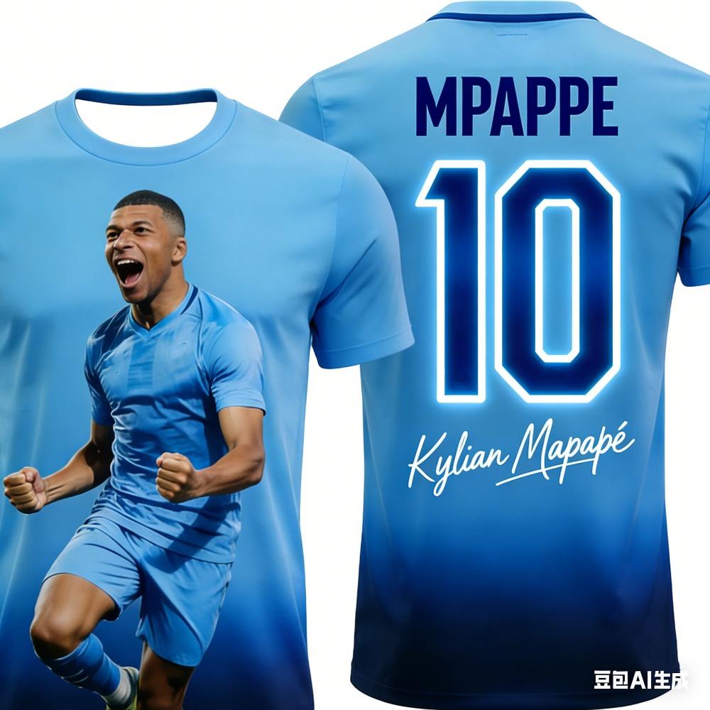 Children's 3D Stereoscopic Mbappé Print Football Jersey T-shirt Family Set, Suitable for Outdoor Training Wear