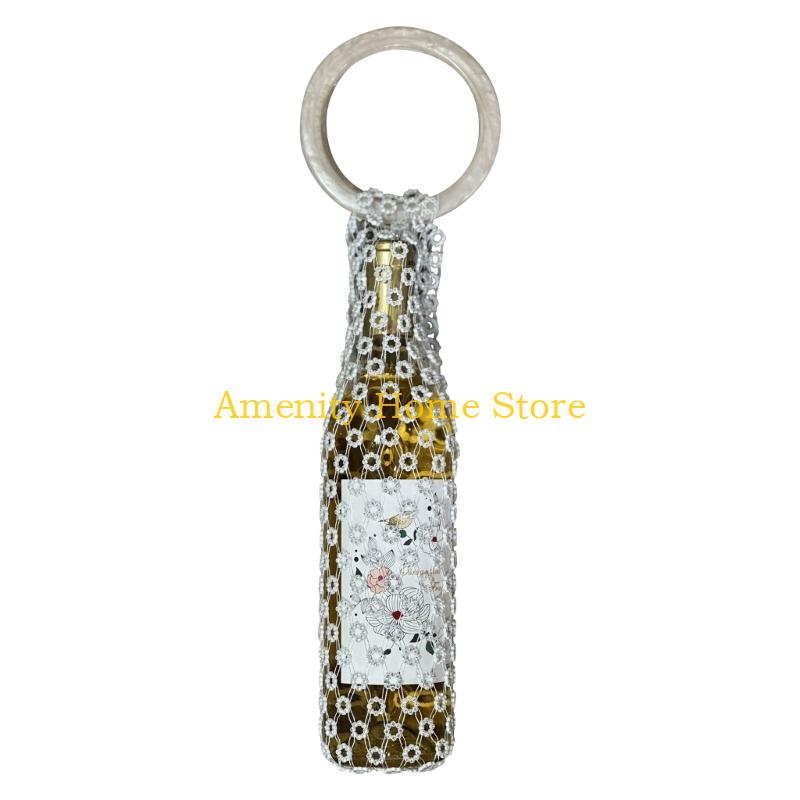 

F26C Crystal Wine Gift Bag Crystal Mesh and Marble Handle Bottle Holder for Party белый