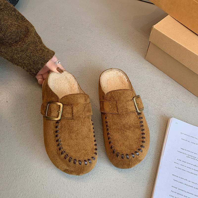 Fleece half slippers women's outer wear 2025 autumn and winter new models are not tired, the feet are huge and the good-looking one-pedal thick-soled