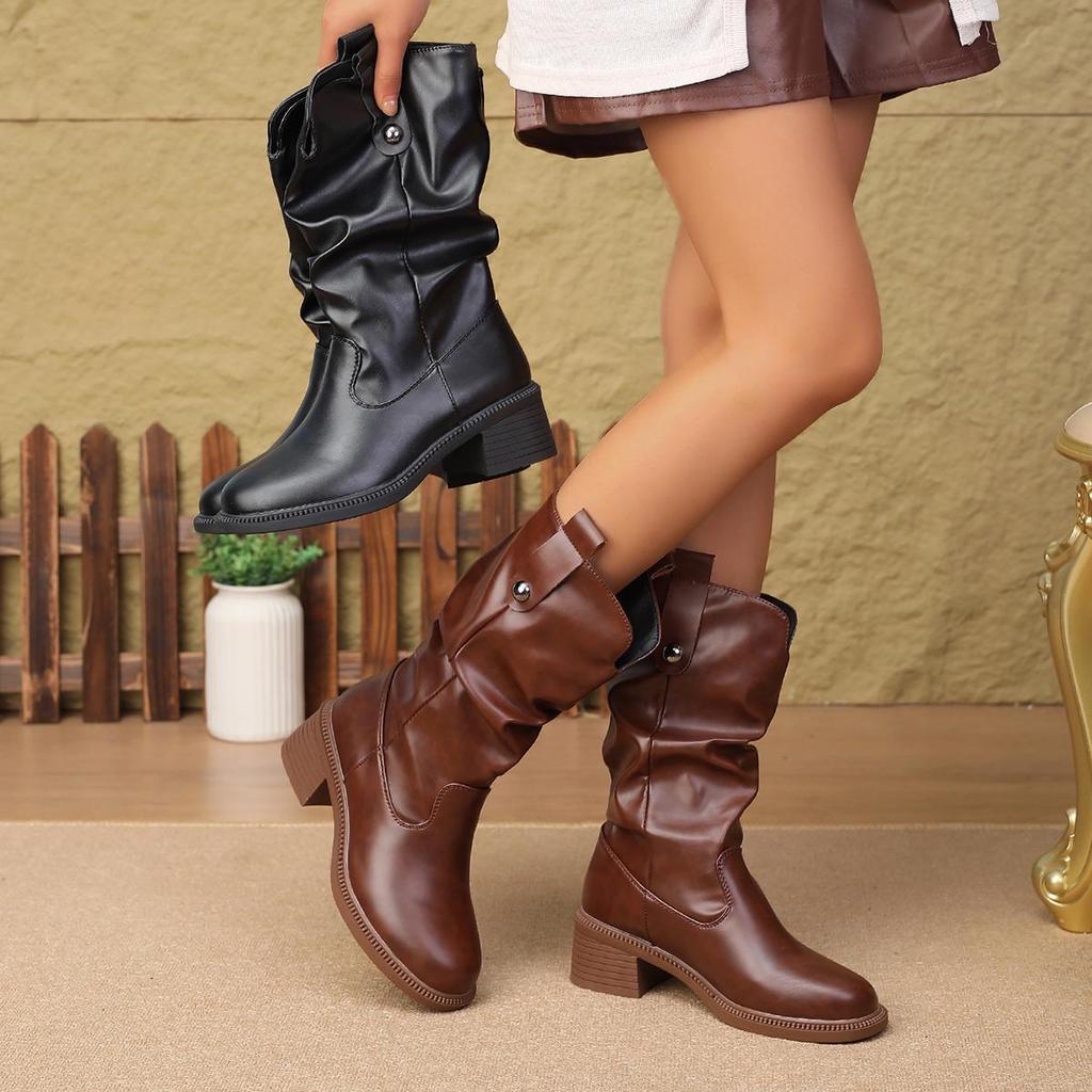 Women's Soft Leather Mid-Calf Chunky Heel Chelsea Boots for Spring and Autumn