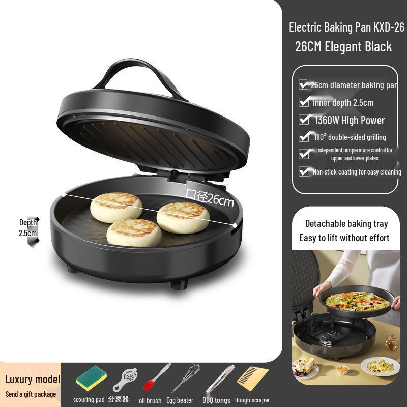 Large Electric Griddle & Pancake Maker: Double-Sided Heating, Deepened Pan for Frying, Grilling, Baking, and Crepes Diameter 26cm