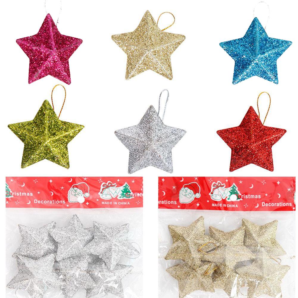 Sparkling Golden Star Xmas Tree Ornaments Set of 6 Hanging Decorations