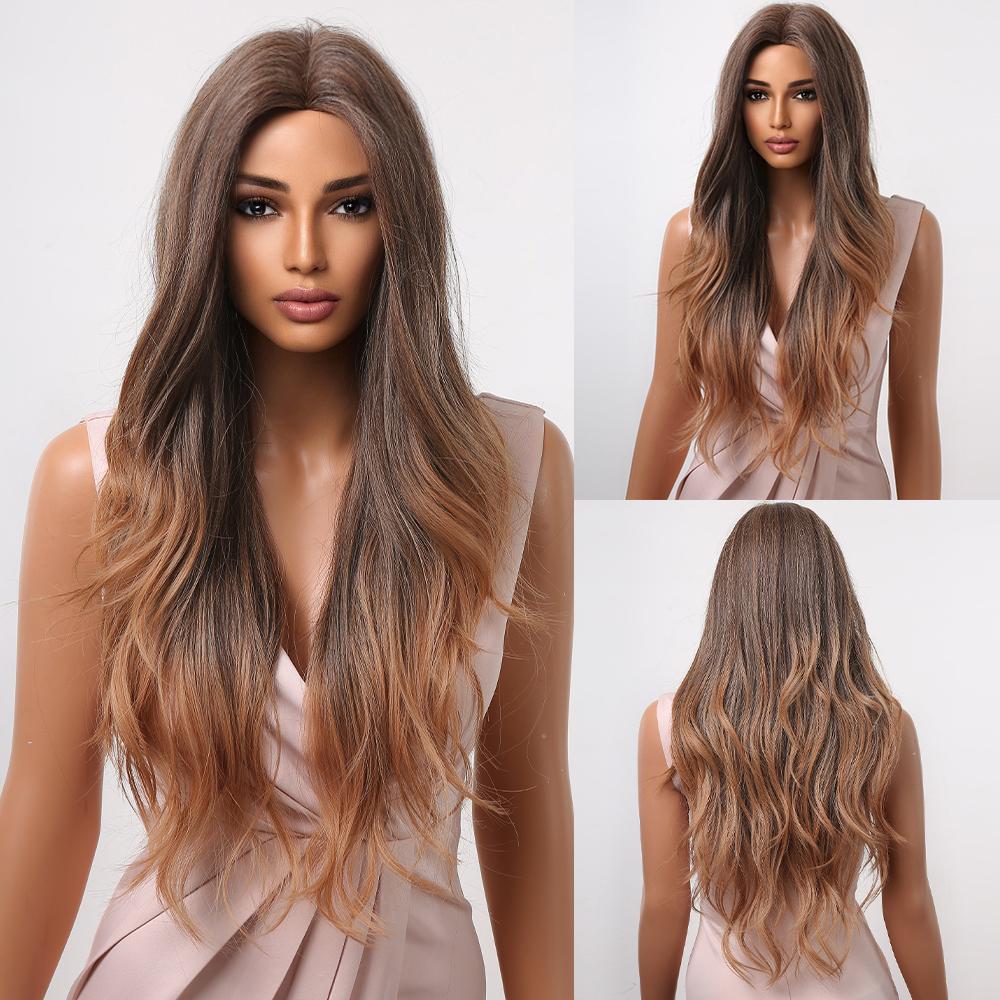 Ombre Brown Long Wavy Synthetic Hair Wig for Black Women Afro Middle Part Heat Resistant Fiber Cosplay Daily Use Hair Wigs