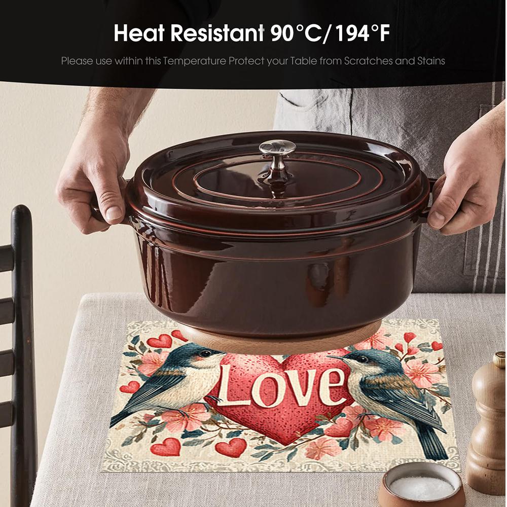 1pc/4pcs/6pcs Valentine's Day Heart Bird Placemats Suitable for Dining Table Decorations, Machine-Washable Rectangular