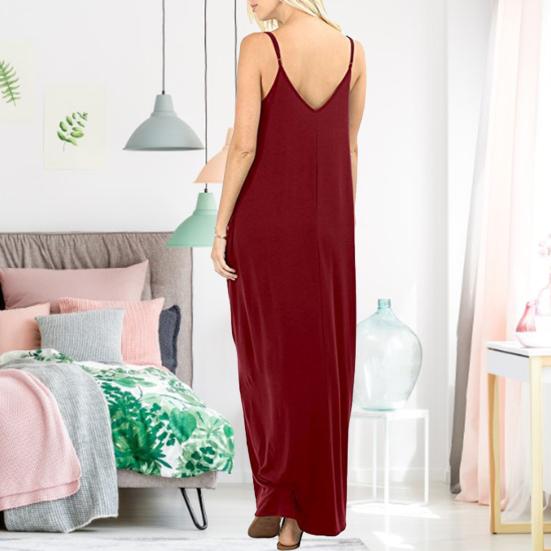 Women V-neck Sleeveless Sling Dress Solid Color Side Pockets Loose Fit Thin Maxi Dress Thin Holiday Long Dress Streetwear