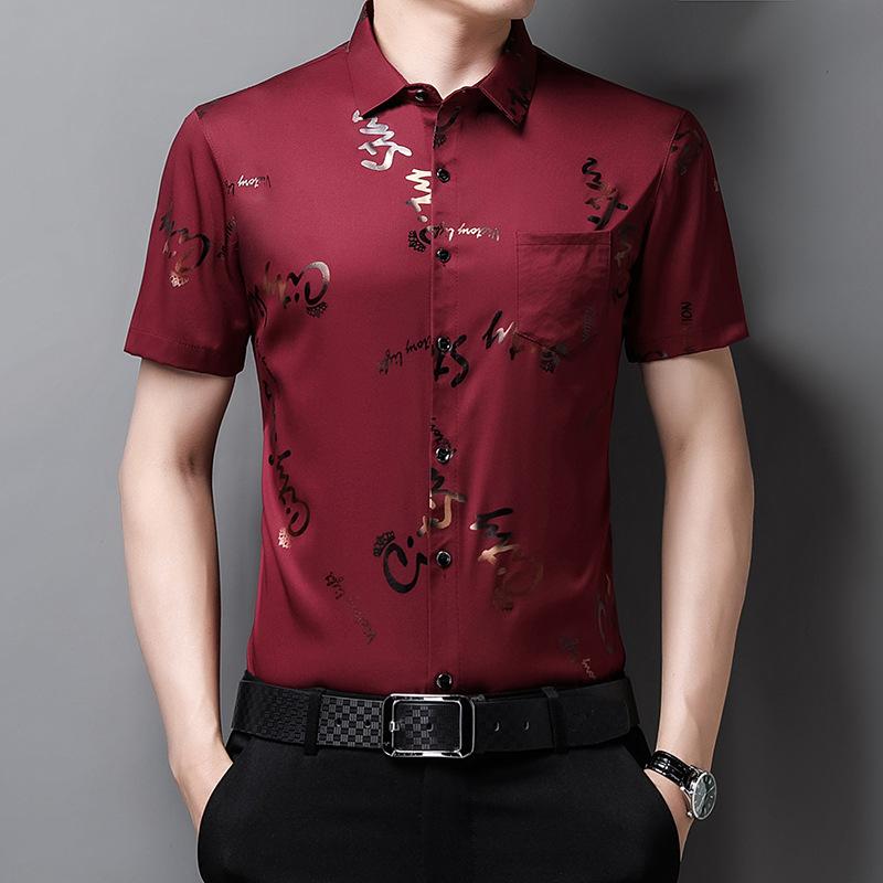 Summer Men's Floral Half Sleeved Shirts Ice Silk No Ironing Men's Fashion Short Sleeved Shirt Lapel Flower Shirt