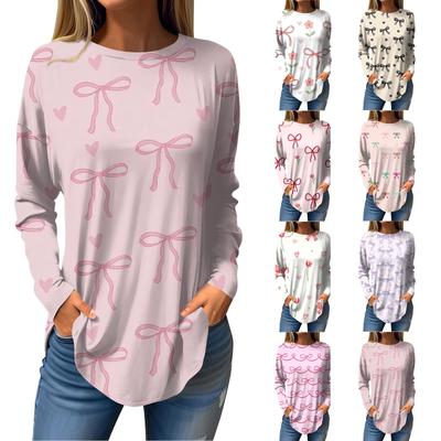 Women's  Loose Casual Bow Printed Round Neck Long Sleeved T Shirt Top Pullover Long Sleeved Sweatshirt