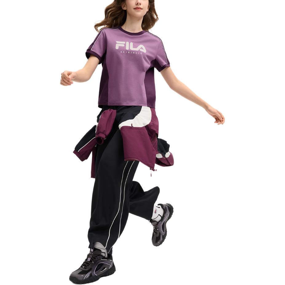 Fila Versatile Casual Color Block Knit Short Sleeve Round Neck T-Shirt Women Tops Diamond-Purple F11W519101FPU