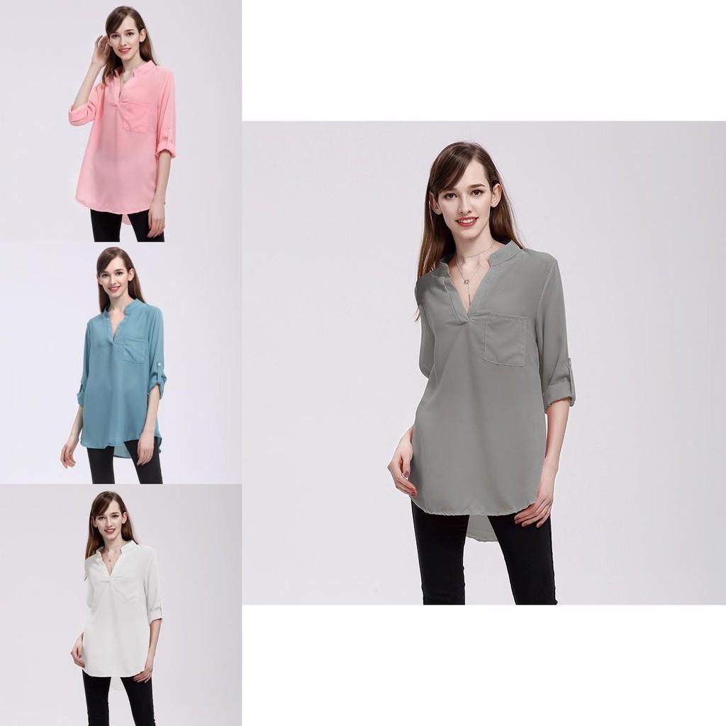 Blusas de Chiffon Estilosas Para Mulheres Camisas de Corte Amplo com Decote em V e Mangas Longas Perfeitas Para o Escritório e Uso Casual na Primavera