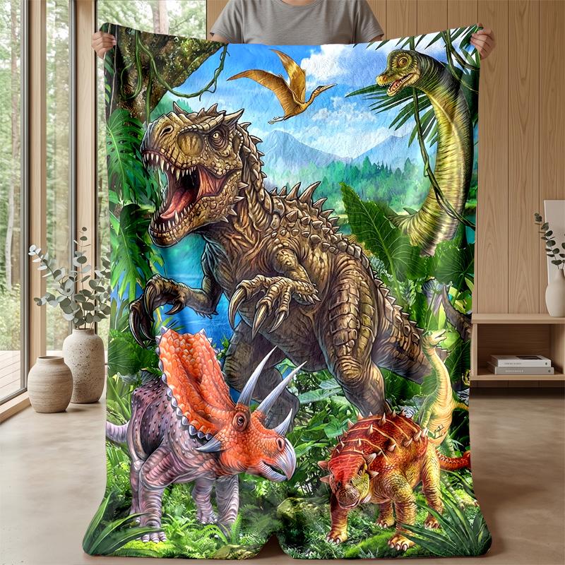 Vibrant Dinosaur Illustration Theme Blanket Lightweight Warm Flannel Blanket Decorative Throw Blanket for Home Decoration