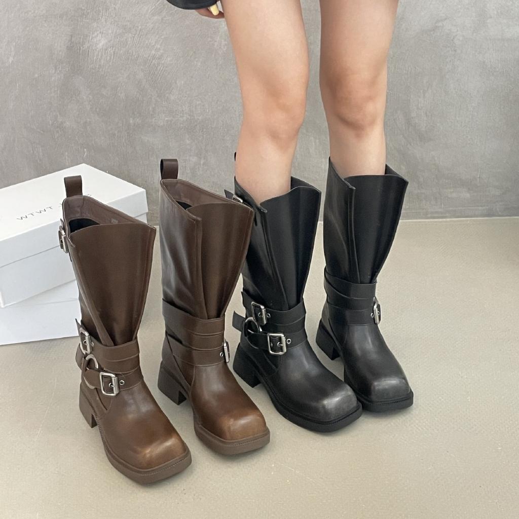 Retro Style Polished Square-Headed Knight Boots Women'S Spring Versatile But Knee-High Boots Slim Casual Boots
