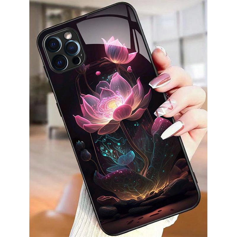 

Роскошный стеклянный чехол для телефона с принтом цветка лотоса для iPhone 11 12 13 14 15 16 17 Pro Max 16E 17Air 7 8 Plus XR XS X Ударопрочный чехол iPhone 16