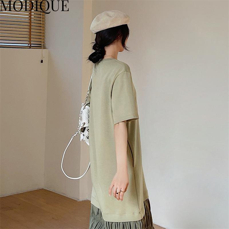 MODIQUE Summer Plus Size Women Loose Casual Patchwork Pleated Cotton Extended Length T-Shirt Long Dresses Female Oversize Short Sleeve O-Neck Dresses