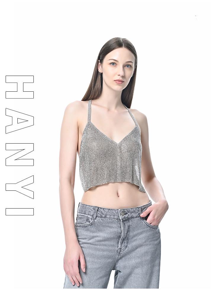 Cross-Border Rhinestone Halter Tank Top - Sexy, Shiny & Backless for Nightclub & Festival Wear