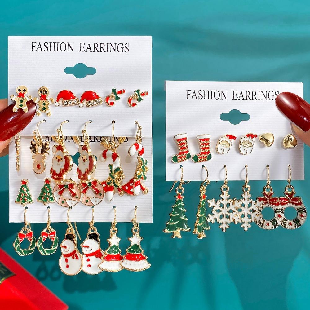 6 Pairs Christmas Set  Cartoon Dripping Oil Elk Santa Claus Christmas Tree Earrings for Women