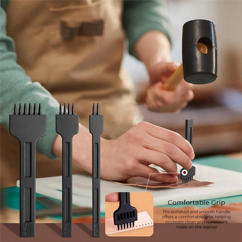 Leather Stitching Punch Set Of 3 Pieces 4Mm, 2/4/6 Prong Lacing Hole Punch Leather Sewing Chisel