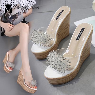 Fashion Crystal Beading Transparent Sandals Women Super High Heels Slippers Rhinestone Flower Platform Sandalias Mujer Summer Wedges