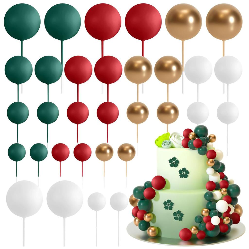 32Pcs Christmas Decorations Mini Balloons Cake Topper Sticks Foam Balls Cake Picks Cake Topper Balls for Christmas Birthday Cake