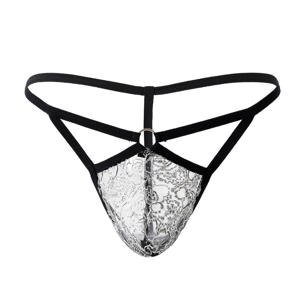 Sissy Lingerie Men'S Floral Lace See Through T-Back Thong Low Waist G-String Cut Out Mini Pouch Panties Crossdressing Underwear