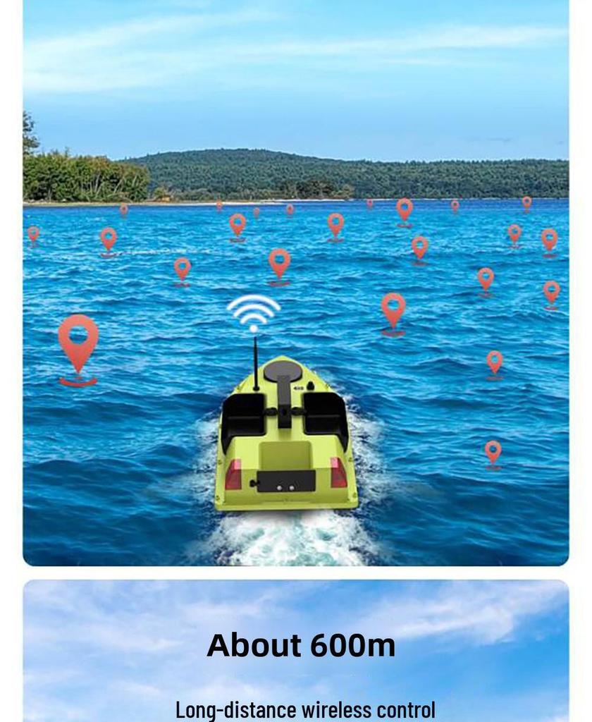 Fishing Boat GPS with Auto Return, 500m Remote Control, Bait Delivery, and Triple Storage Compartments