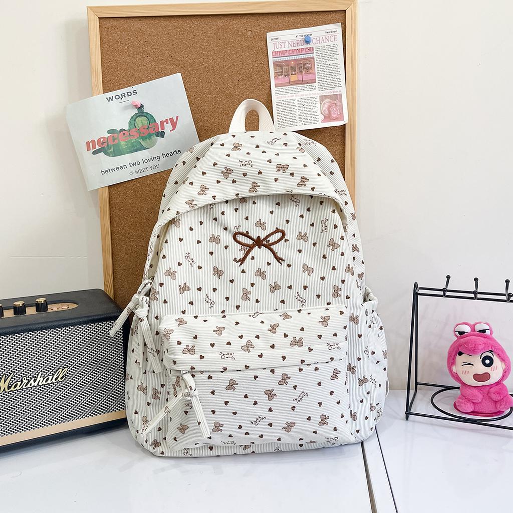 Schoolbag Korean Version Ins Versatile Sweet Backpack Large Capacity Corduroy Bow Campus Student Lightweight School Bag Women
