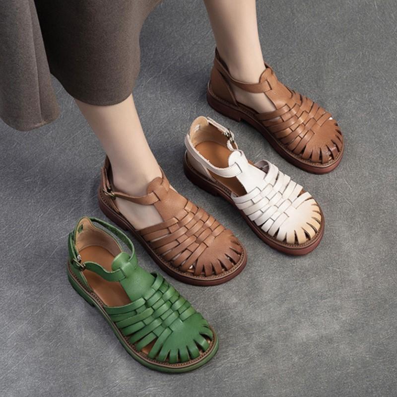 Johnature Pantofi de damă din piele naturală în stil roman retro, cu țesut, respirabil