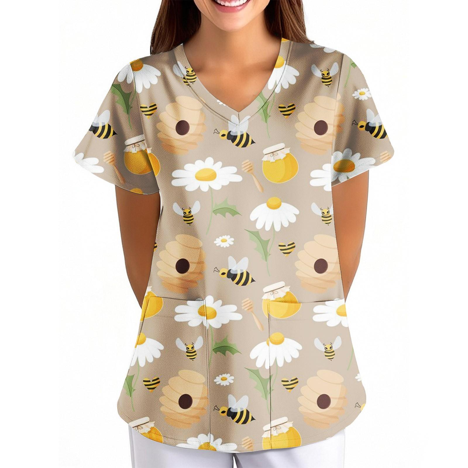 

Женская униформа с цветочным принтом пчелы, свободная, с V-образным вырезом, карманом и коротким рукавом L бежевый