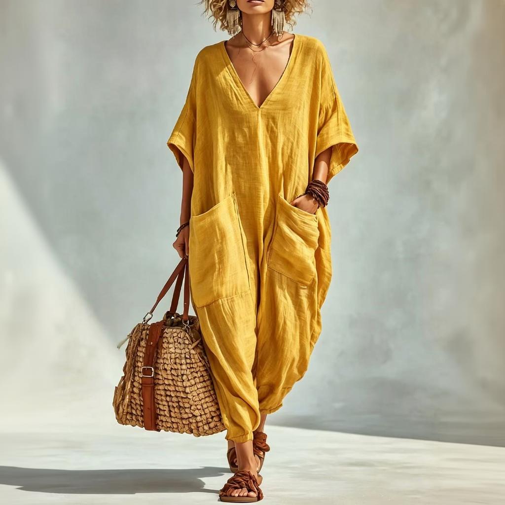 Women's Linen V Neck Jumpsuit with Pockets Wide Leg Romper