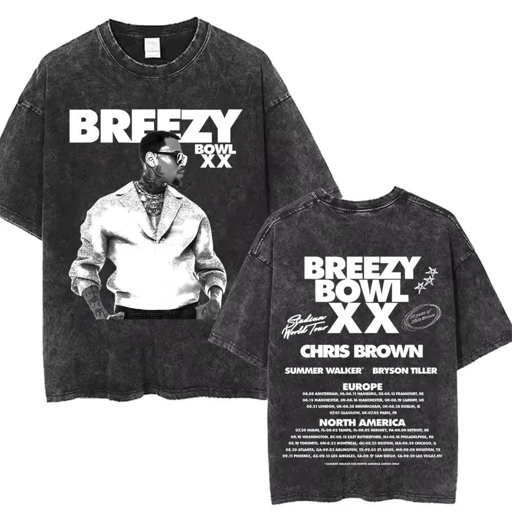 Rapper Chris Brown Breezy Bowl XX Tour  Vintage Washed Tshirts Men Women Hip Hop Fashion T Shirts Male Cotton Retro Tshirt