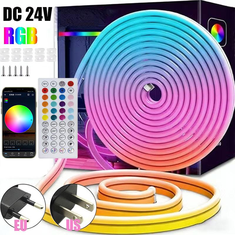 24V Rgb Neon Led Strip Light 5M 10 Meters 15M 20M 30M Flexible Night Light Remote Control Multi-Color Adjustable Eu Us Plug