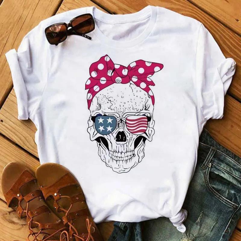 Fashion Leopard Skull Printed Women T-shirt Summer Loose Black Female T-shirt Casual Round Neck Harajuku Tops Woman Clothes