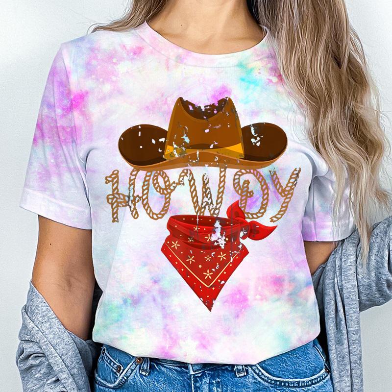 Retro Howdy Cowgirl Print T-shirts For Women Summer Short Sleeve Crew Neck T-shirt Vintage Graphic Tops Tie Dye T-shirts