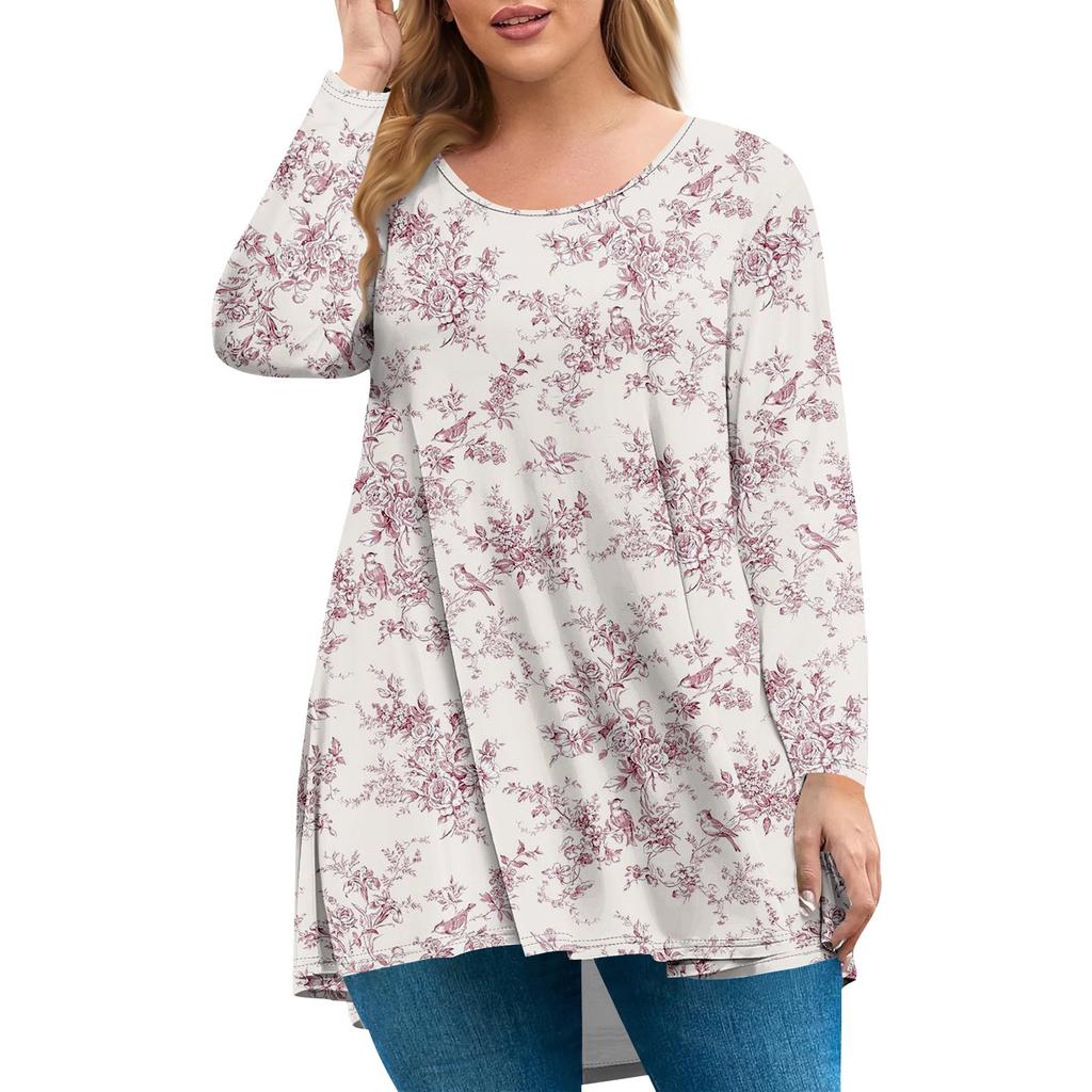 Dames pluss størrelse topp, hageskrage langermet skjorte, moteriktig blomsterprint avslappet topp