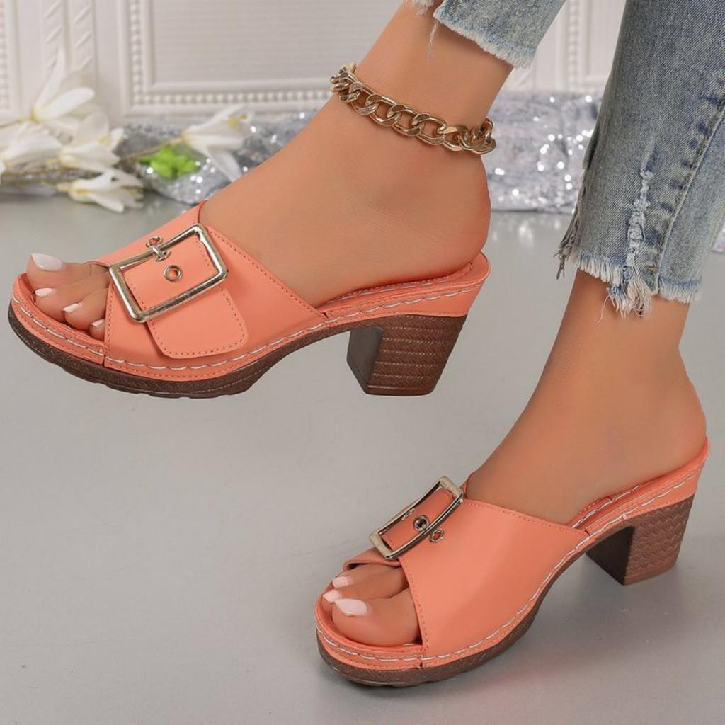Fashion 2025 summer new fashion large size women's thick heel buckle metal buckle slippers with beach slippers