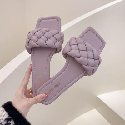 Fashion Summer Women New Square Head Flat Bottom Woven In-line Women's Large Size Beach Sandals/slippers All-match Leisure Slippers