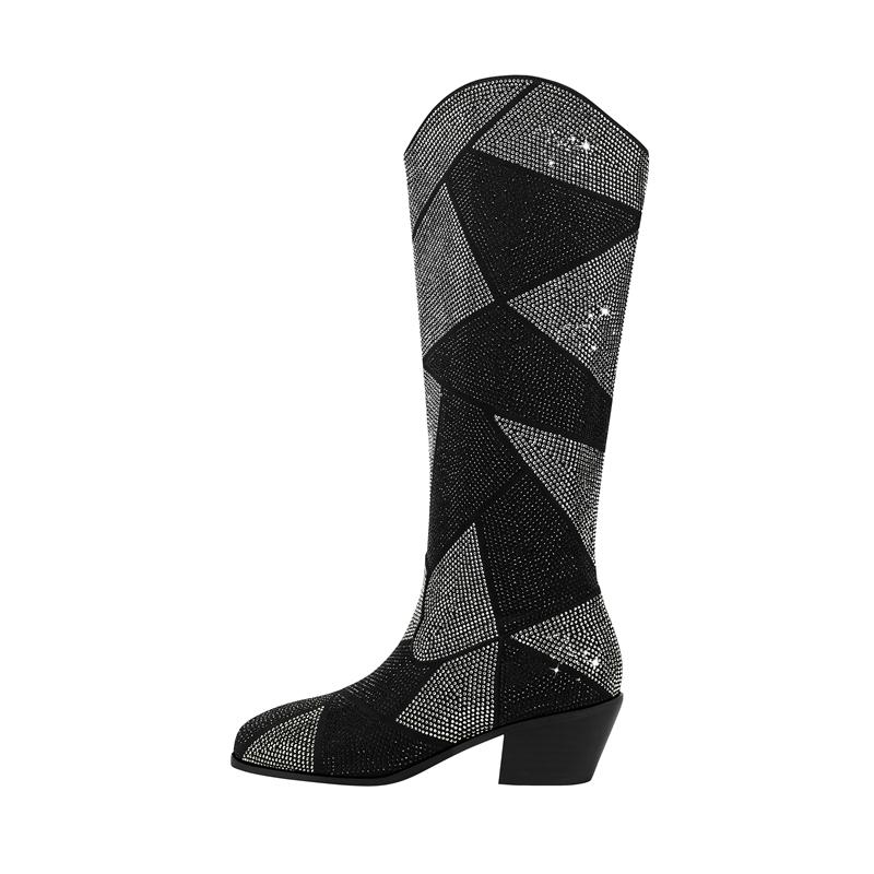 Fashion Kaky's New Water Diamond Thick High Heel Round Head Large Size Women's Boots High Barrel Boots Long Knee Length Boots
