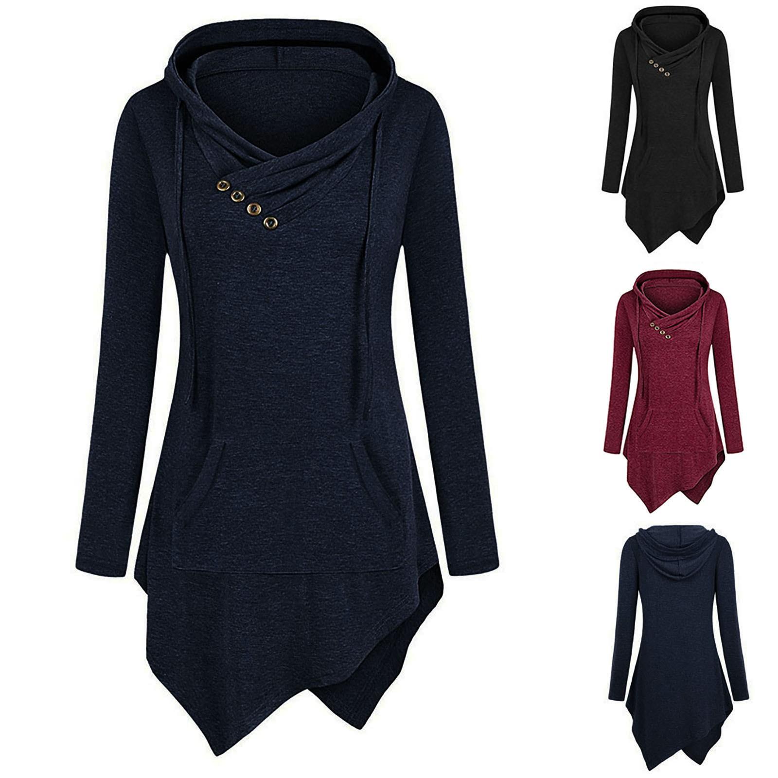 

Женский однотонный пуловер с длинными рукавами и карманами, блузка с капюшоном и нерегулярным подолом, топы