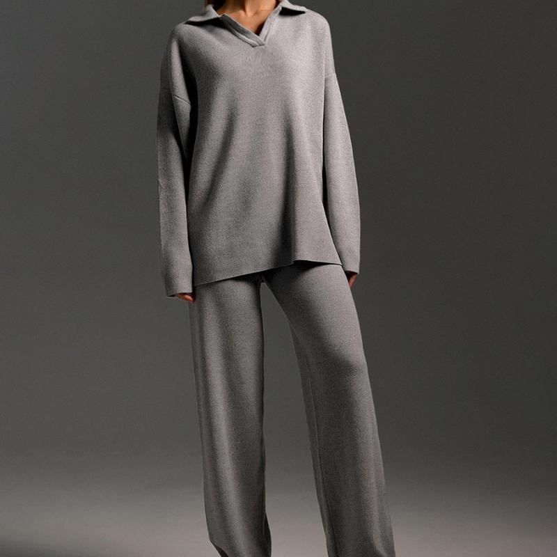 Damen Strickanzug Herbst und Winter Pulloveranzug Polokragen Strickpullover + Hose mit weitem Bein Zweiteiliger Anzug