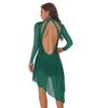 Womens Long Sleeve Skating Dress Sparkle Rhinestone Backless Irregular Hem Side Fringe Leotard Gymnastics Costume