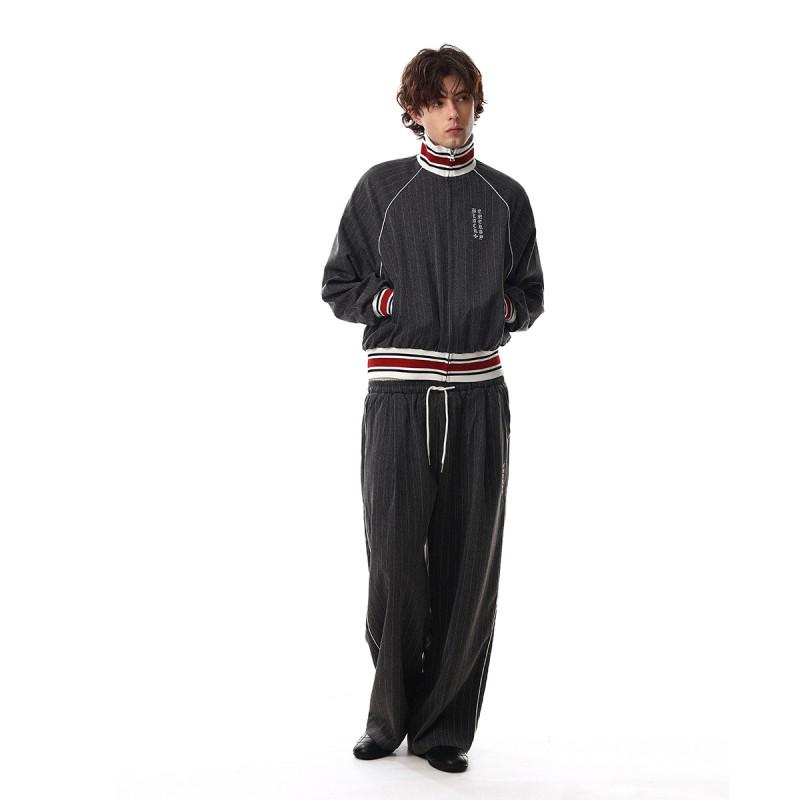 Mens Vintage Baseball Jacket Striped Casual Outerwear Fall Loose Fit Stand Collar Windproof