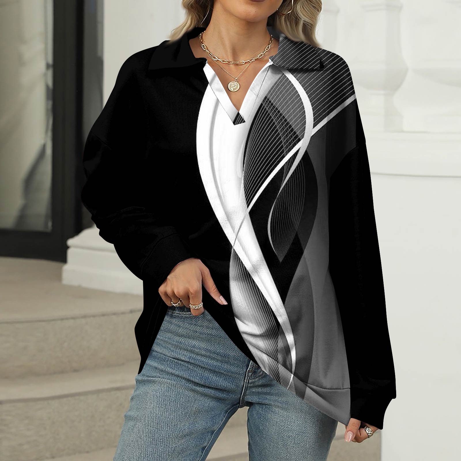 

Женская летняя модная повседневная рубашка с v-образным вырезом и длинным рукавом с принтом, топ S чёрный