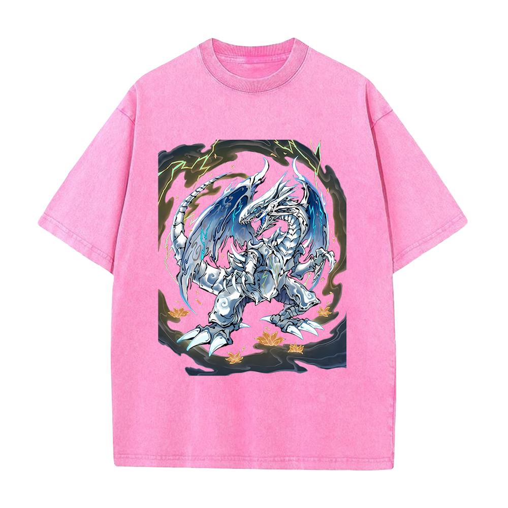 Yu-Gi-Oh! White Dragon T-shirt Summer Short Sleeve Oversized Tee Shirt Vintage Washed Cotton Tops Clothing