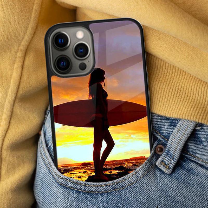 Surfboard Surfing Art Surf Girl Soft Phone Case for iPhone 17 Air 16e Pro Max 15 Pro 13 14 Plus 11 12 MagSafe Magnetic Coque