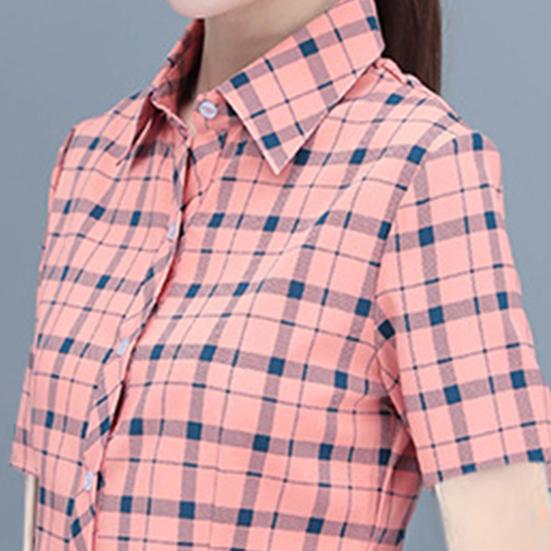 Women Shirt Flower Plaid Pattern Regular Style Shirt Buttons Placket Casual