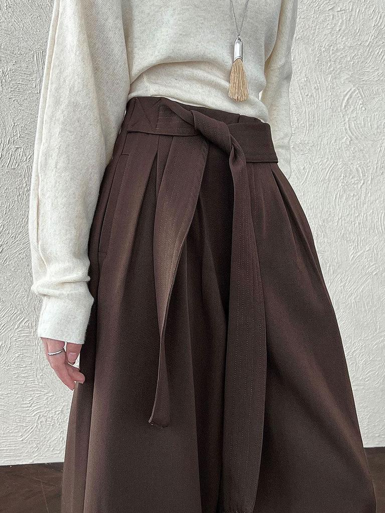 LUXI Women's Retro Lace-up Pleated Wide-Leg Pants - Autumn Casual Straight-Leg Long Trousers