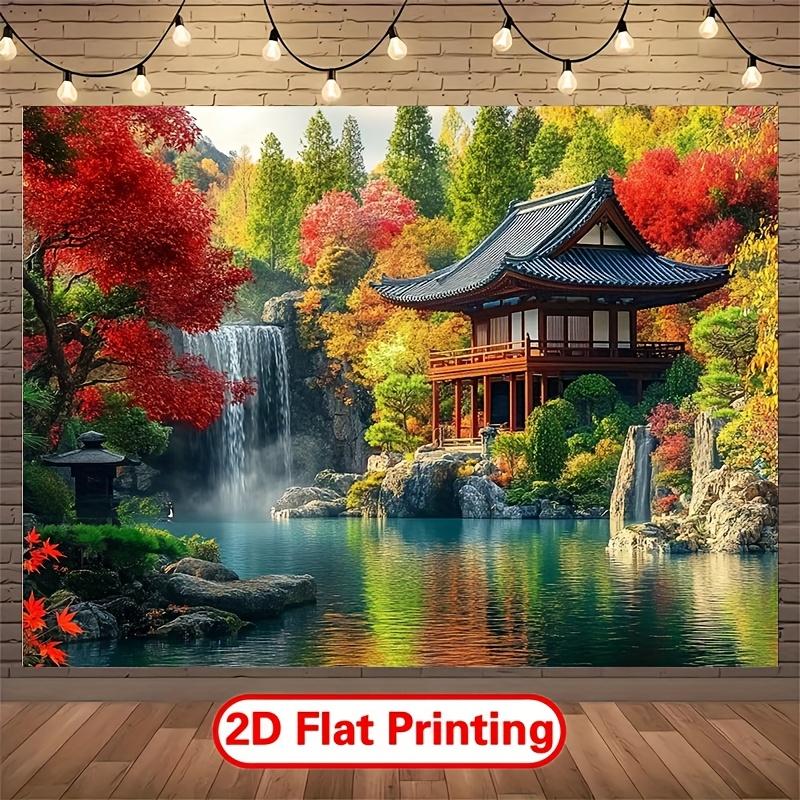 Sfondo banner giardino giapponese piatto 2D. Adatto per feste di vacanza, decorazioni per la casa e oggetti di scena per studio