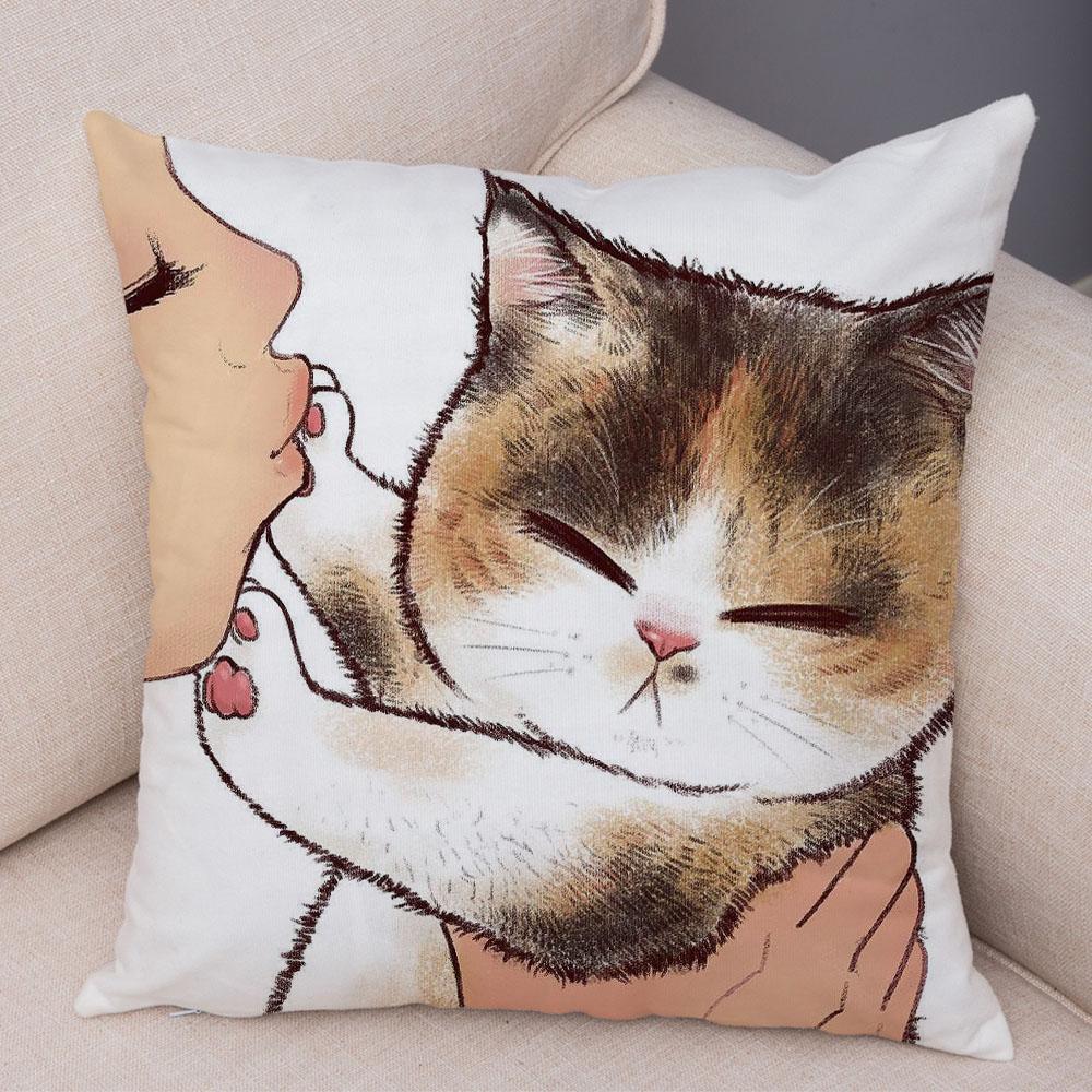 Cute Cartoon Cat Cushion Cover Decor Funny Lovely Pet Animal Print Pillowcase for Sofa Home Car Soft Plush Pillow Case xcm