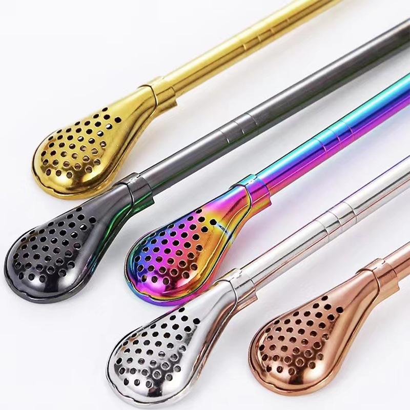 Colorful 304 Stainless Steel Tea Drinking Straws Spoon Yerba Mate Tea Filter Reusable Metal Kitchen Bar Milk Tea Stirring Spoon