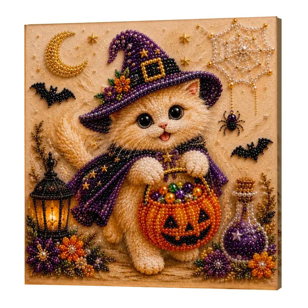 DIY Diamond Painting Kit Halloween Cat Pearl Diamond Painting, Partially Pre-Punched Canvas, Perfect for Home Decor and Holida