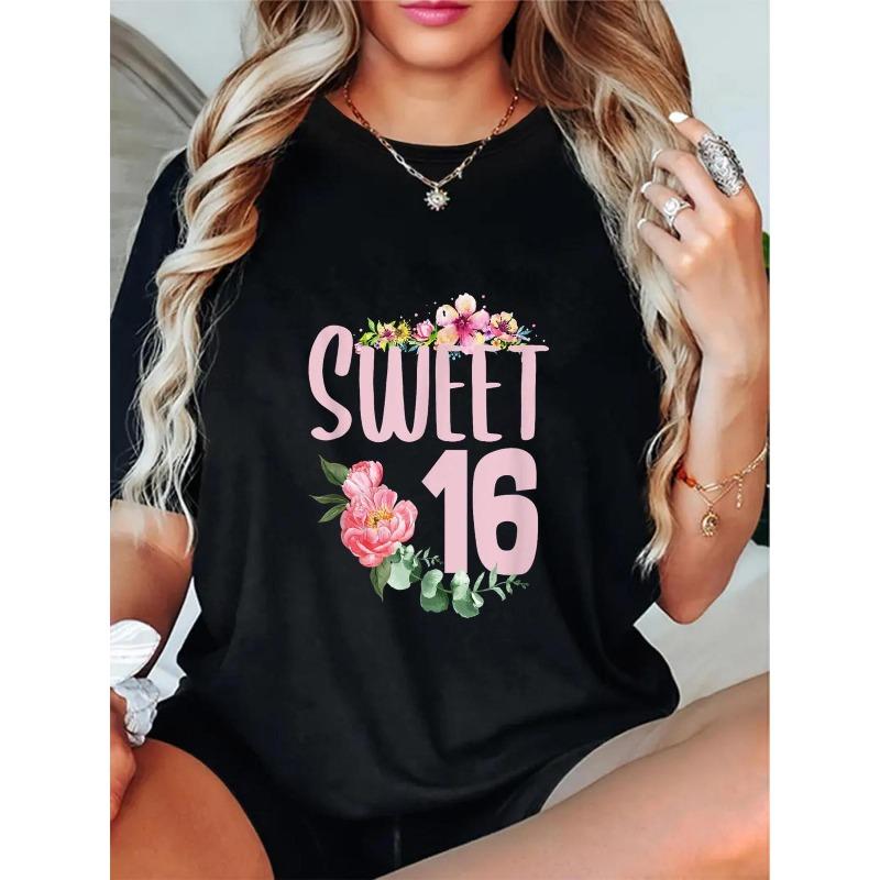 

Floral T-Shirt with Sweet 16 Text, Soft Pink Roses and Greenery - Breathable Tee for Birthday, Photo Shoots, Festive Celebration Wear, Trendy Casual S чёрный